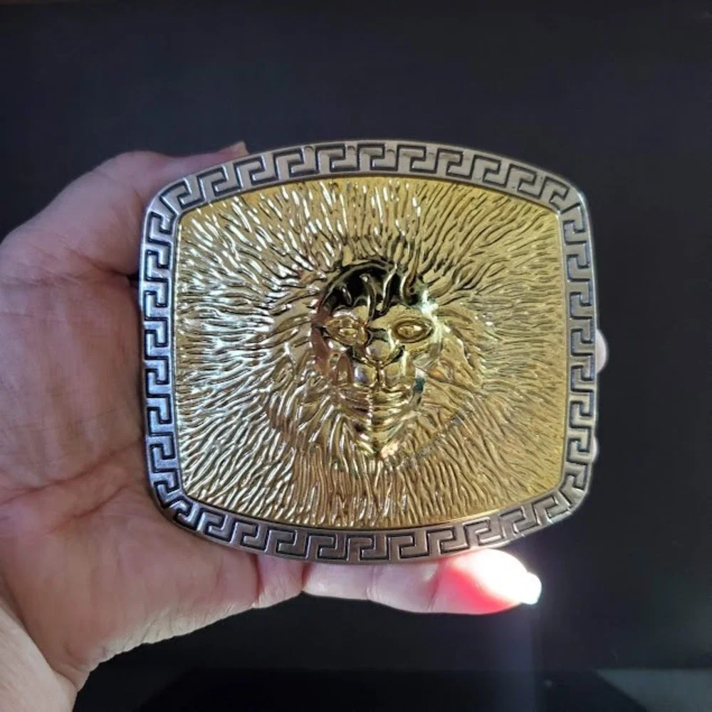 Lion Head Belt Buckle Two Tone Gold Silver Greek Key Border Statement Fashion